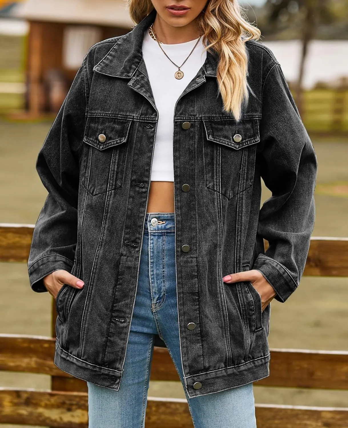 ALSOGO Oversized Jean Denim Jacket for Women Mid Long Jean Coat with Pockets Casual