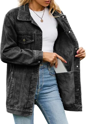 ALSOGO Oversized Jean Denim Jacket for Women Mid Long Jean Coat with Pockets Casual