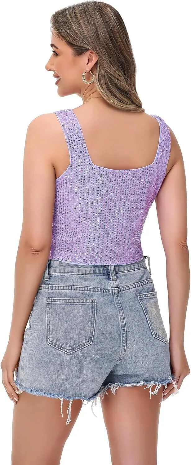 Anna-Kaci Women's Sequin Cropped Tank Top with Wide Straps Square Neckline for Festivals, Parties, Night Out