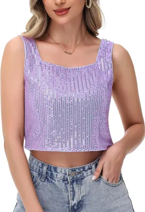 Anna-Kaci Women's Sequin Cropped Tank Top with Wide Straps Square Neckline for Festivals, Parties, Night Out