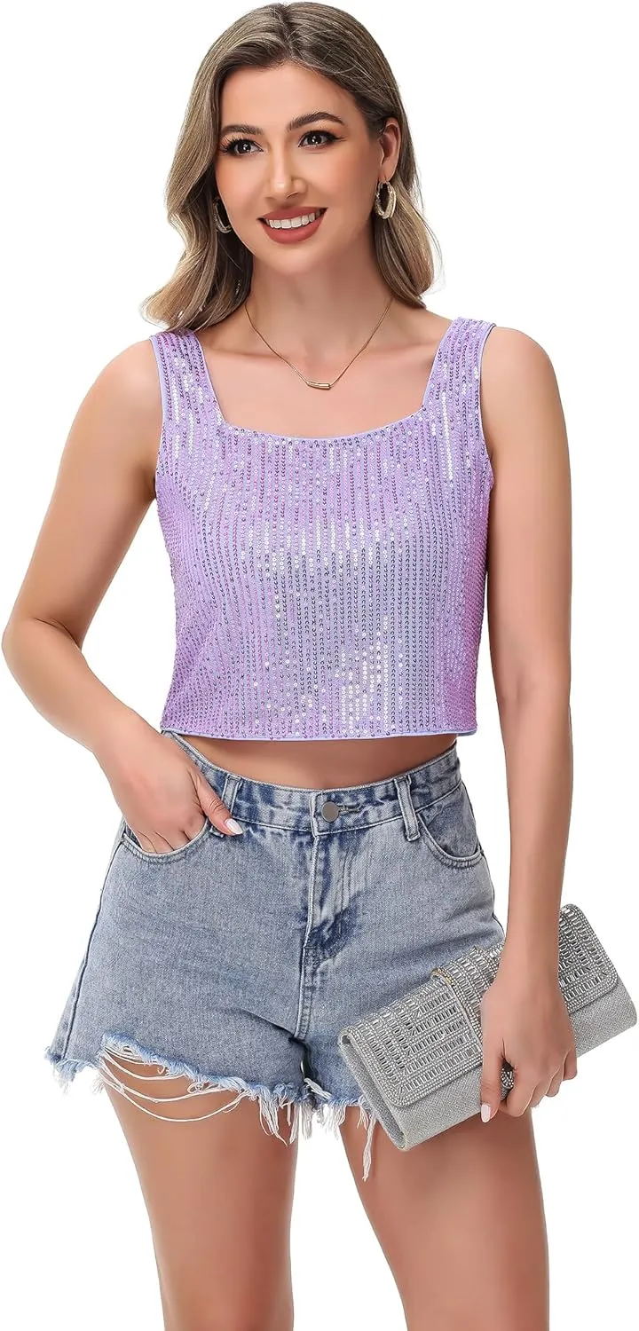 Anna-Kaci Women's Sequin Cropped Tank Top with Wide Straps Square Neckline for Festivals, Parties, Night Out