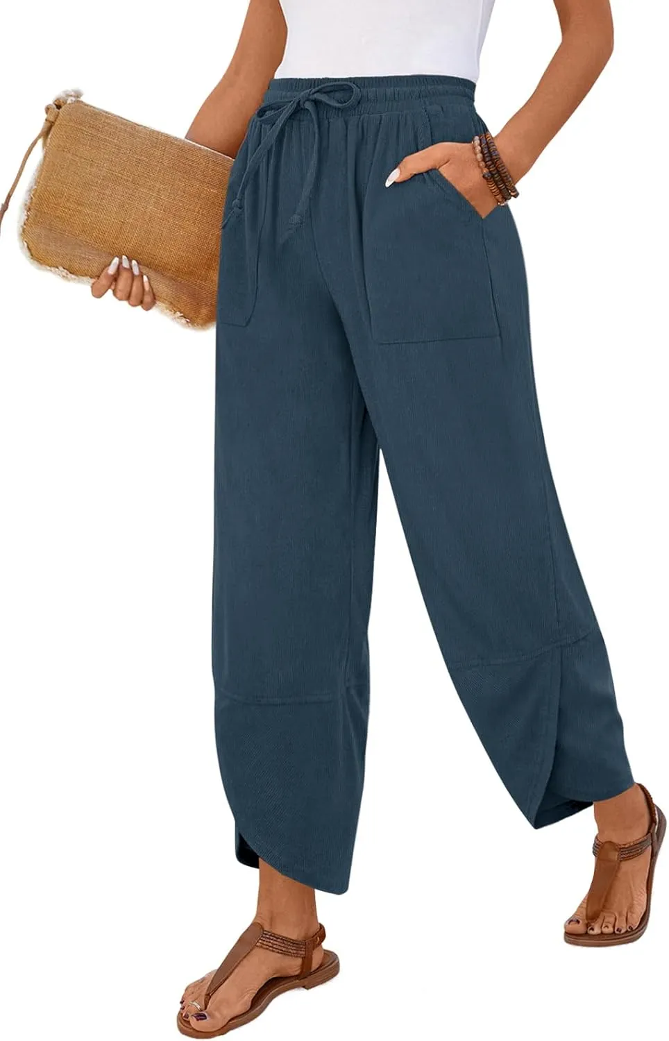 Anymiss Womens Baggy Corduroy Pants Casual Elastic Waisted Palazzo Harem Trousers M-3XL