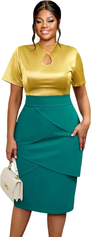 AOMEI 2 Piece Professional Outfits for Women Business Short Sleeve Keyhole Satin Blouse High Waist Pencil Skirt Suit Sets (Gold,0X)