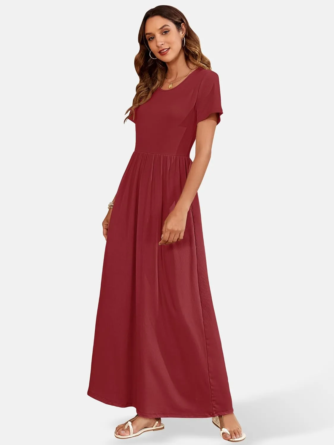 AUSELILY Womens Maxi Dress Casual Short Sleeve Summer Dresses Crewneck Sundresses with Pockets
