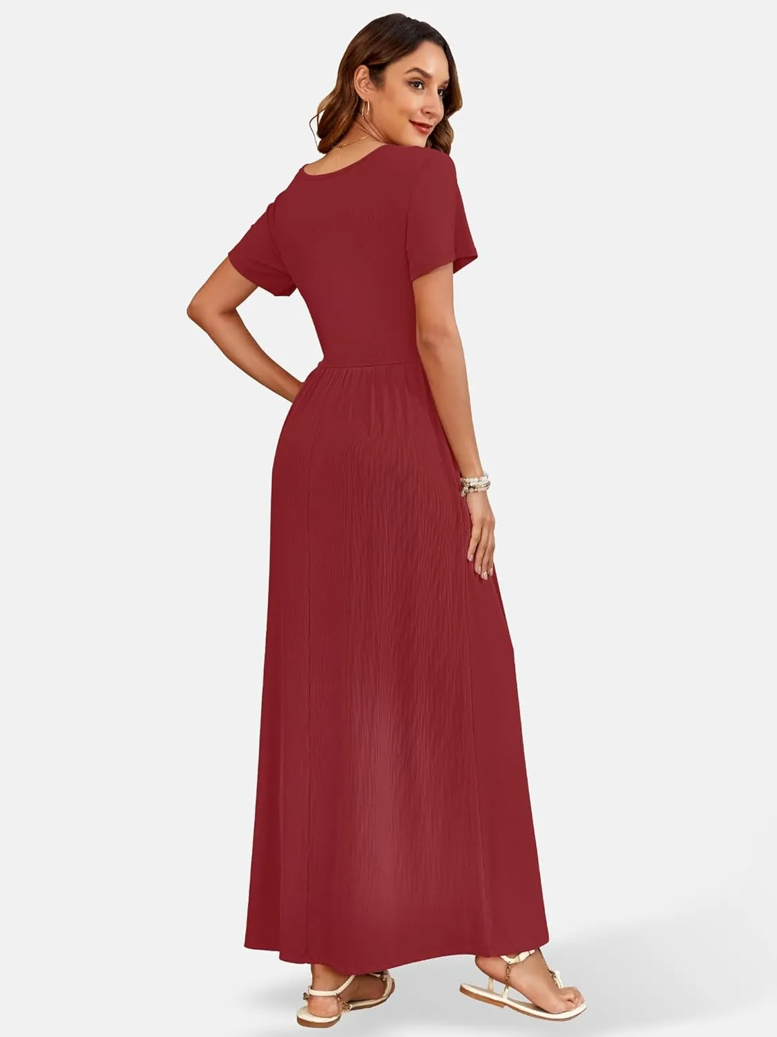 AUSELILY Womens Maxi Dress Casual Short Sleeve Summer Dresses Crewneck Sundresses with Pockets