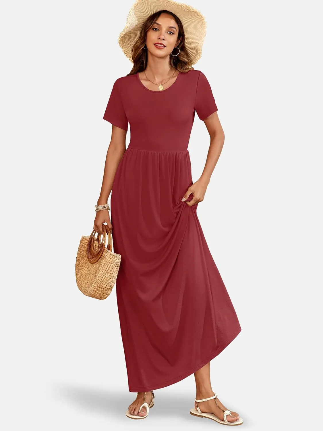 AUSELILY Womens Maxi Dress Casual Short Sleeve Summer Dresses Crewneck Sundresses with Pockets