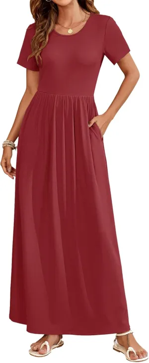 AUSELILY Womens Maxi Dress Casual Short Sleeve Summer Dresses Crewneck Sundresses with Pockets