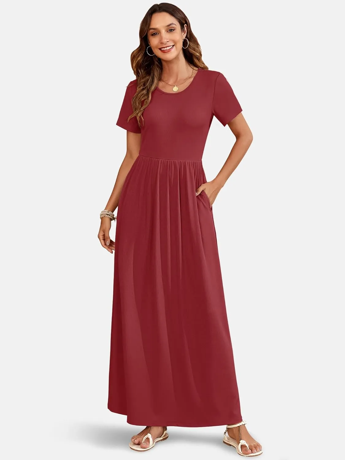 AUSELILY Womens Maxi Dress Casual Short Sleeve Summer Dresses Crewneck Sundresses with Pockets