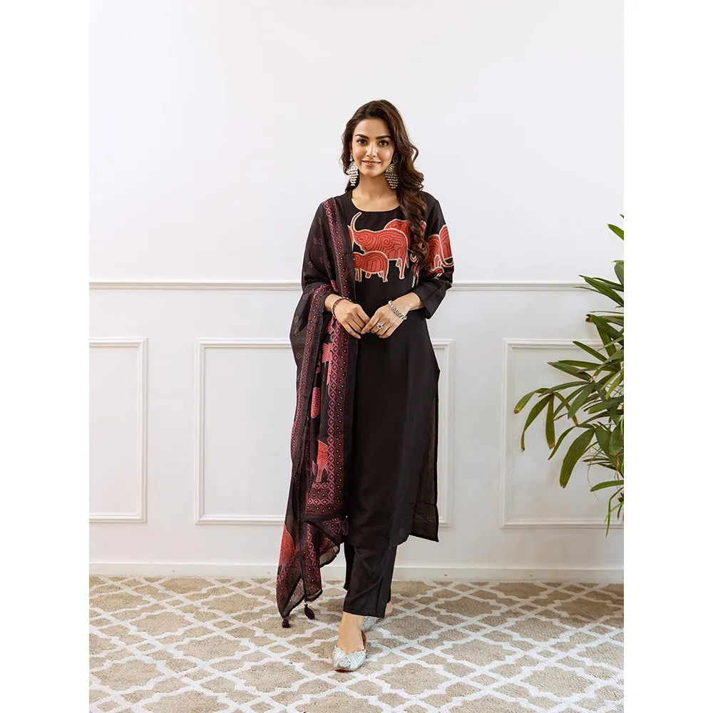 Autumnlane Black Siya Artsy Jade Cotton Kurta and Pant with Dupatta (Set of 3)