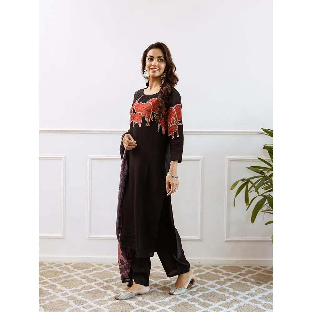 Autumnlane Black Siya Artsy Jade Cotton Kurta and Pant with Dupatta (Set of 3)