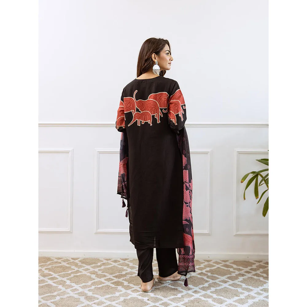 Autumnlane Black Siya Artsy Jade Cotton Kurta and Pant with Dupatta (Set of 3)
