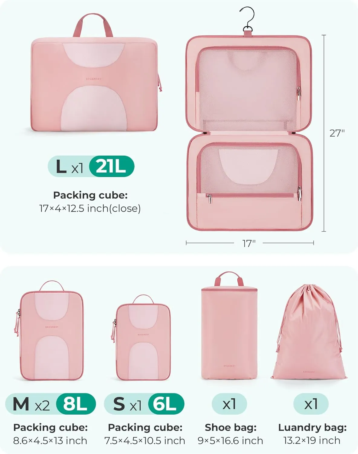 BAGSMART Hanging Travel Packing Cubes, 6 Set Large Travel Cubes for Women Cruise Ship Essentials, Suitcase Organizers