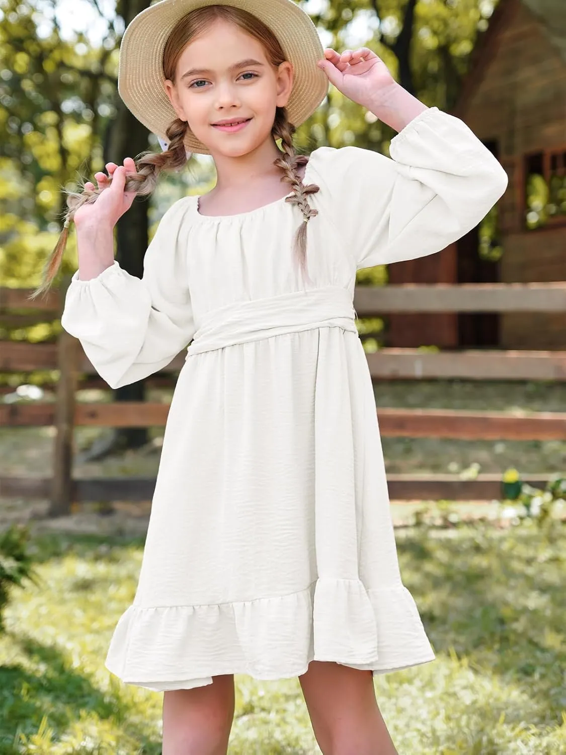 Batermoon Girls Long Sleeve Tie Back Dress Kids Fall Square Neck A-Line Mini Dresses 5-14 Years