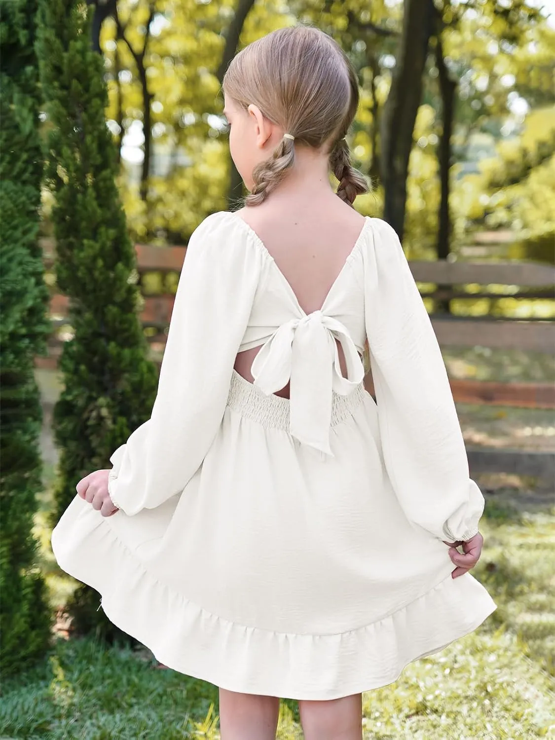 Batermoon Girls Long Sleeve Tie Back Dress Kids Fall Square Neck A-Line Mini Dresses 5-14 Years