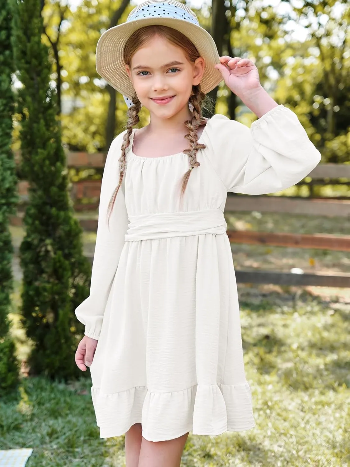 Batermoon Girls Long Sleeve Tie Back Dress Kids Fall Square Neck A-Line Mini Dresses 5-14 Years