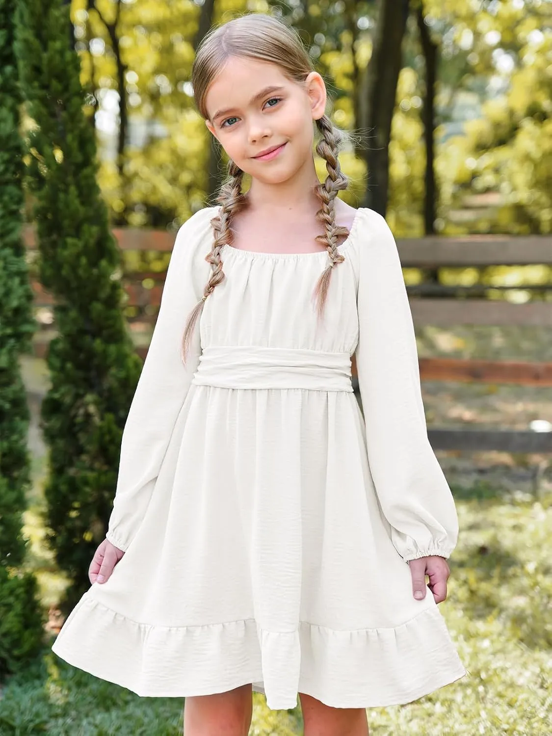 Batermoon Girls Long Sleeve Tie Back Dress Kids Fall Square Neck A-Line Mini Dresses 5-14 Years