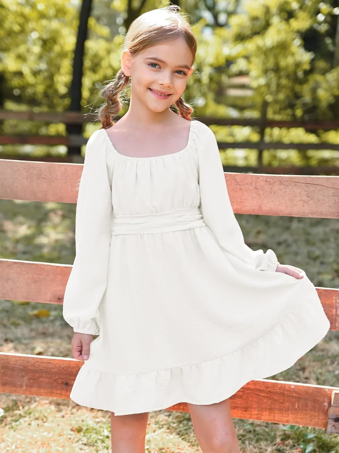 Batermoon Girls Long Sleeve Tie Back Dress Kids Fall Square Neck A-Line Mini Dresses 5-14 Years