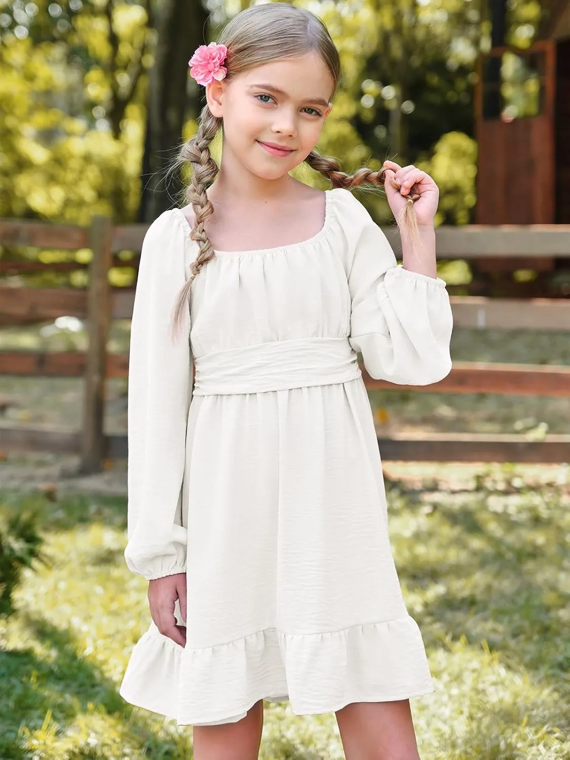 Batermoon Girls Long Sleeve Tie Back Dress Kids Fall Square Neck A-Line Mini Dresses 5-14 Years