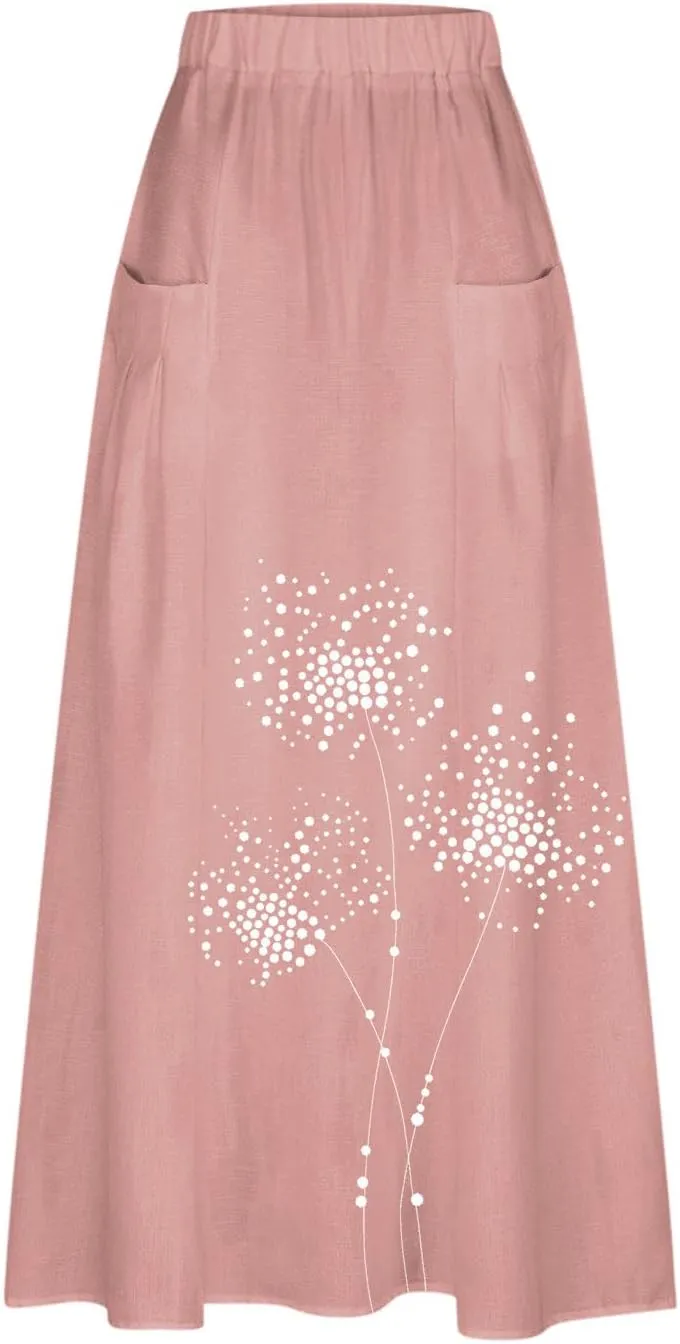 Beach Skirts for Women Fashion Floral Graphic Printed Stretchy Waisted Pleated Skirt Oversized Boho Vacation Skirt