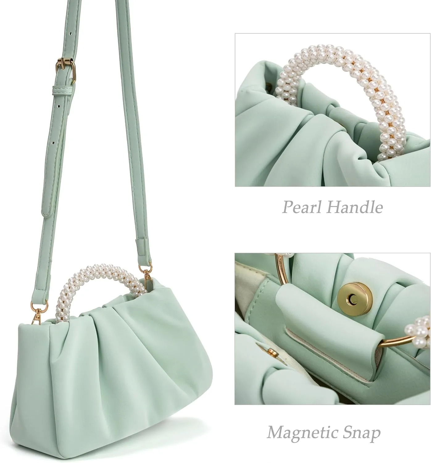 Beatfull Evening Purse Women Small Pearl Handbags Soft Leather Ruched Bag Wedding Bridal Clutch Party Prom Crossbody Purses