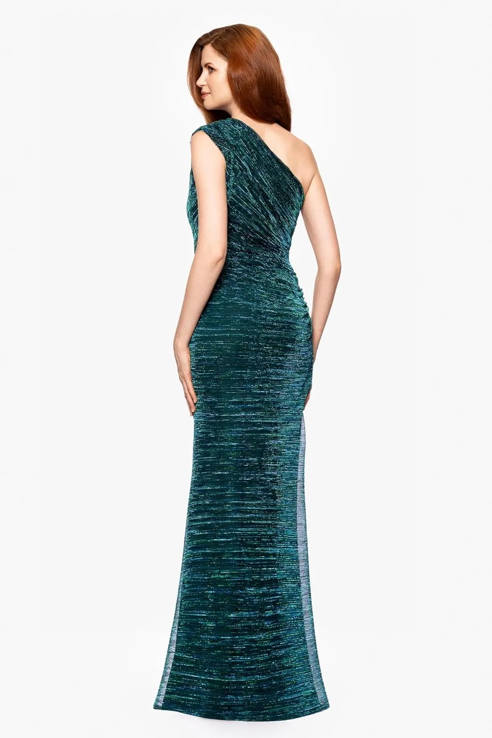 Betsy & Adam Women's One Shoulder Metallic Knit Evening Gown