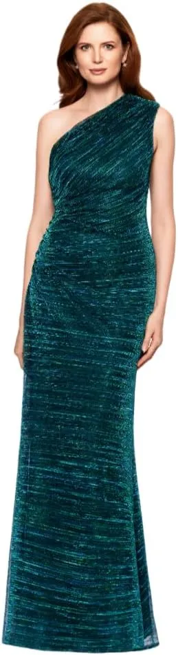 Betsy & Adam Women's One Shoulder Metallic Knit Evening Gown