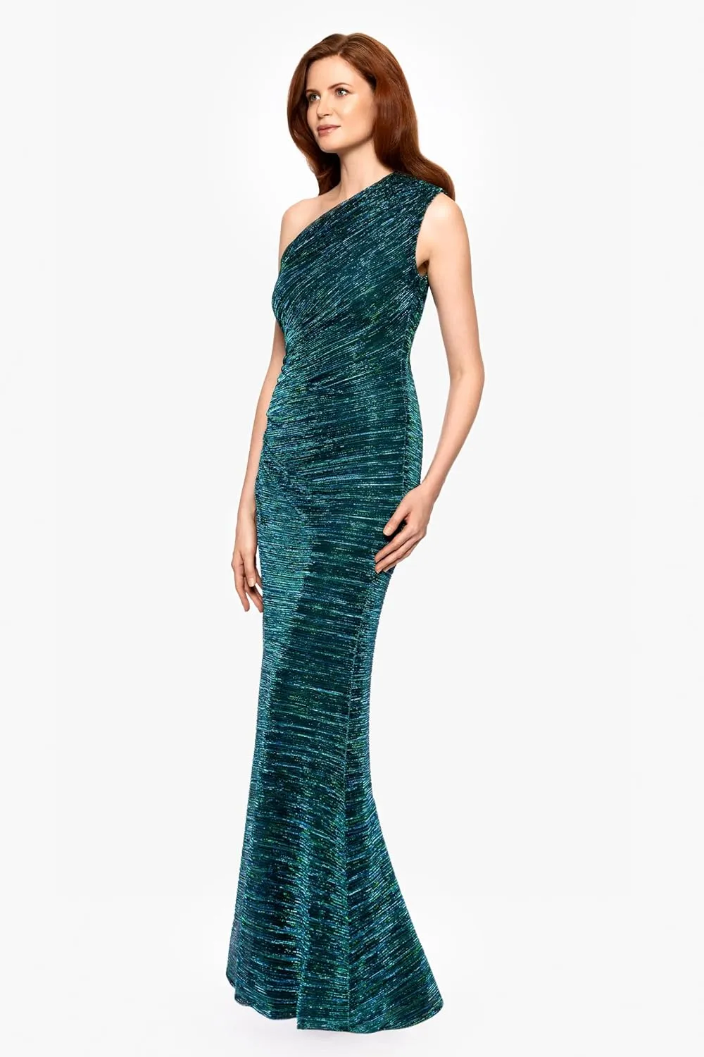 Betsy & Adam Women's One Shoulder Metallic Knit Evening Gown