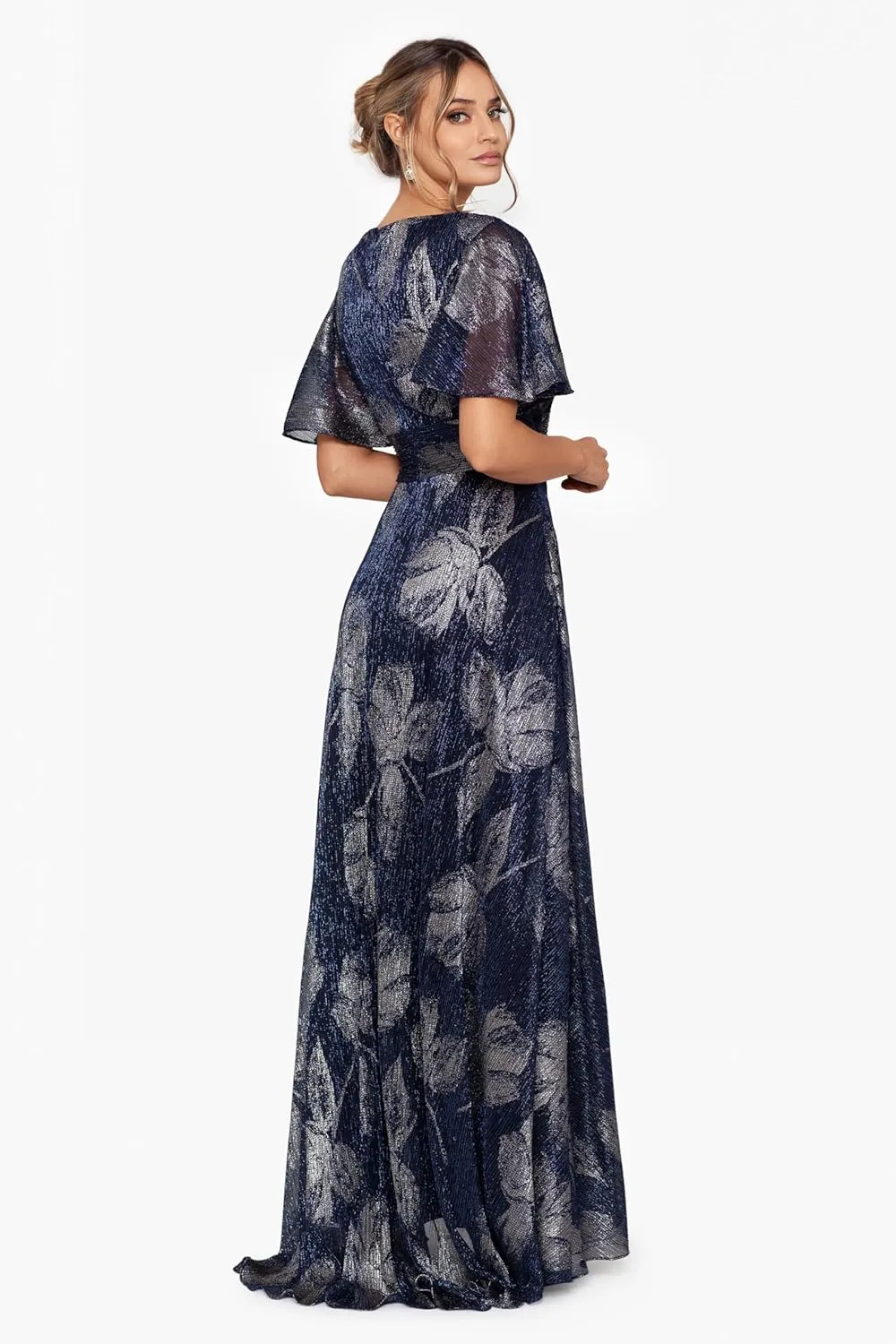 Betsy & Adam Women's V Neck Flutter Sleeve Metallic Print Flowy Dress