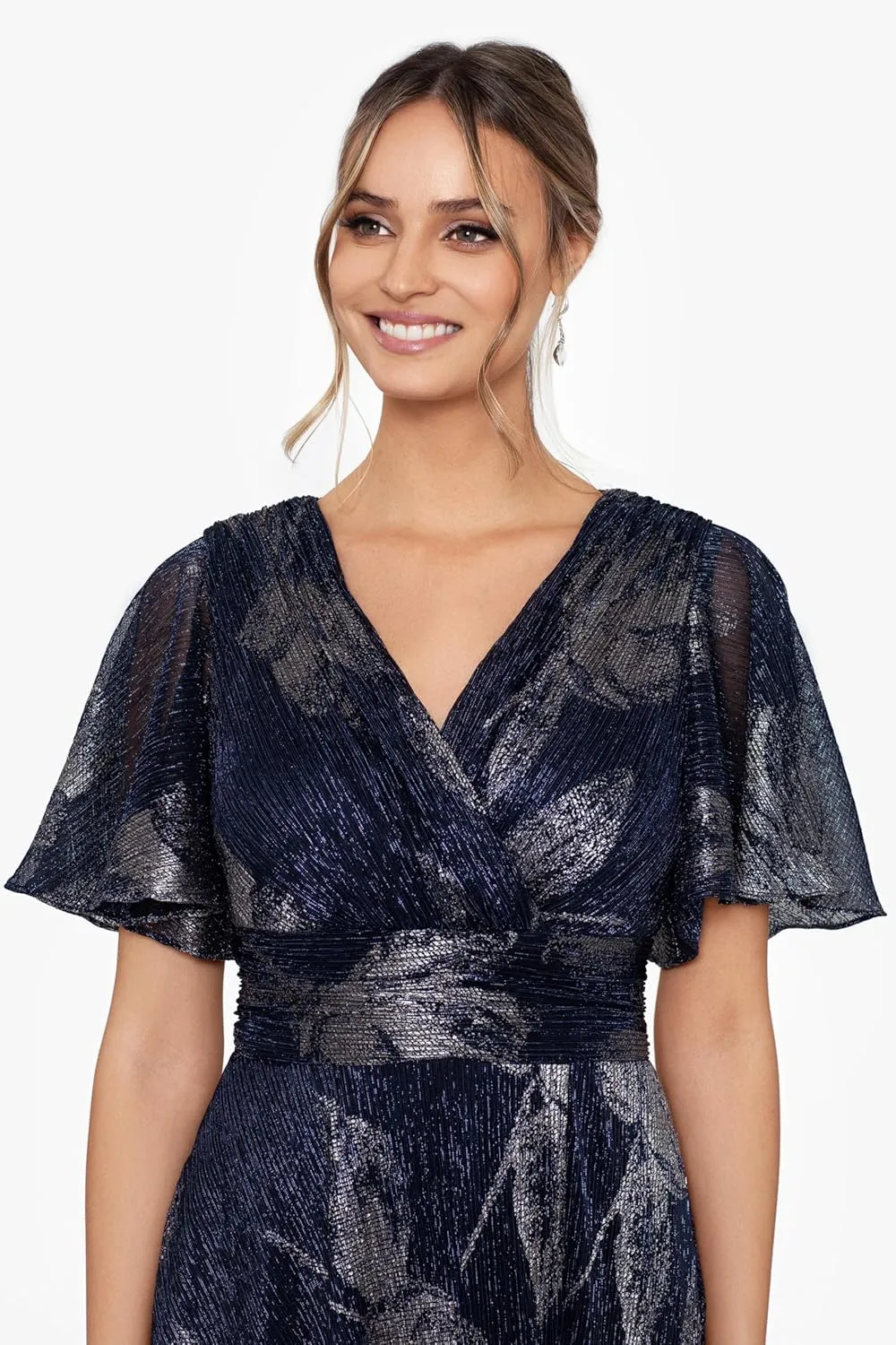 Betsy & Adam Women's V Neck Flutter Sleeve Metallic Print Flowy Dress