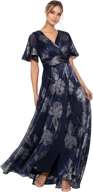 Betsy & Adam Women's V Neck Flutter Sleeve Metallic Print Flowy Dress