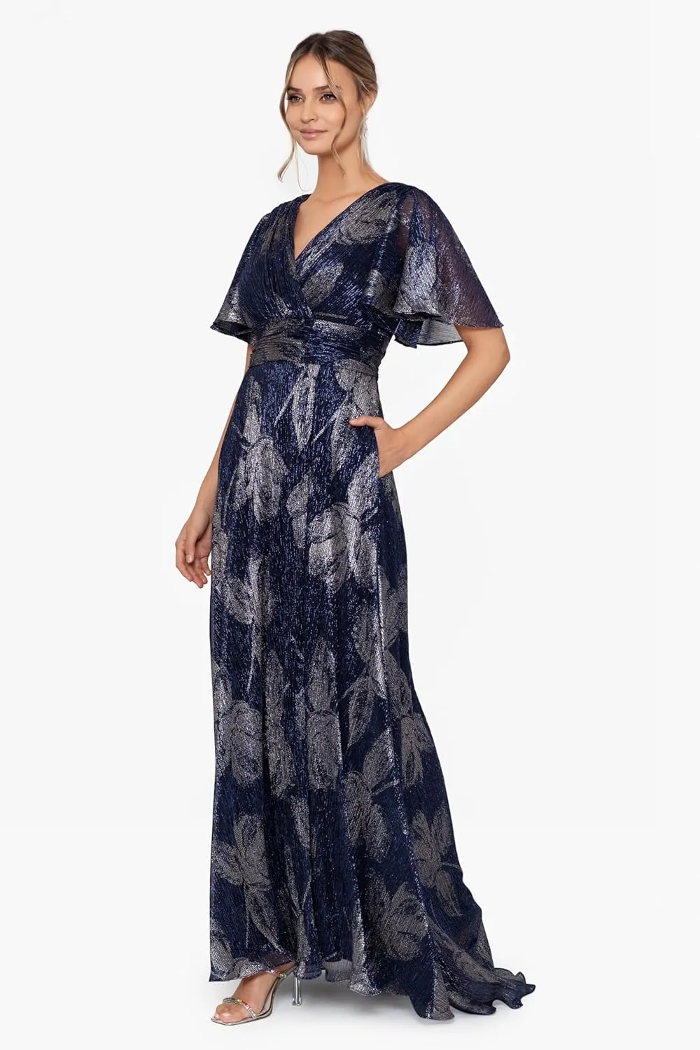 Betsy & Adam Women's V Neck Flutter Sleeve Metallic Print Flowy Dress