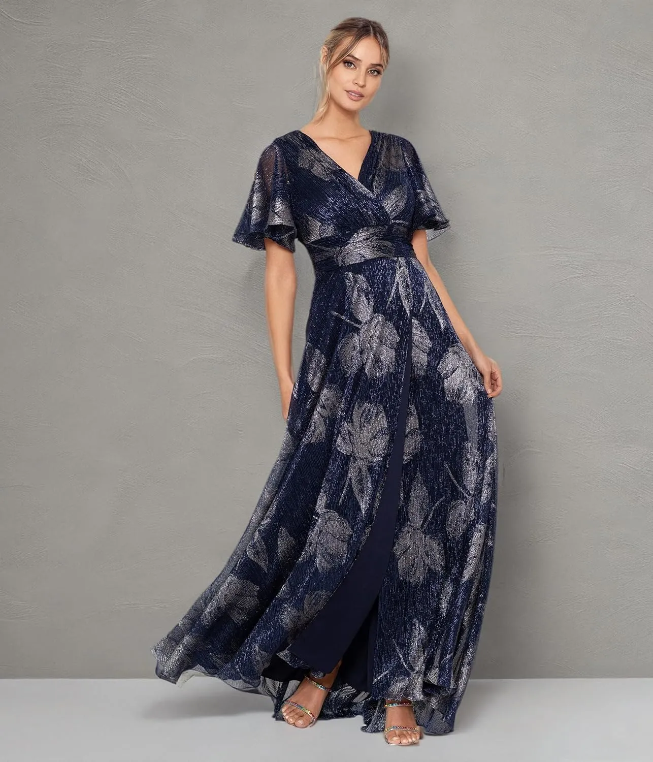 Betsy & Adam Women's V Neck Flutter Sleeve Metallic Print Flowy Dress