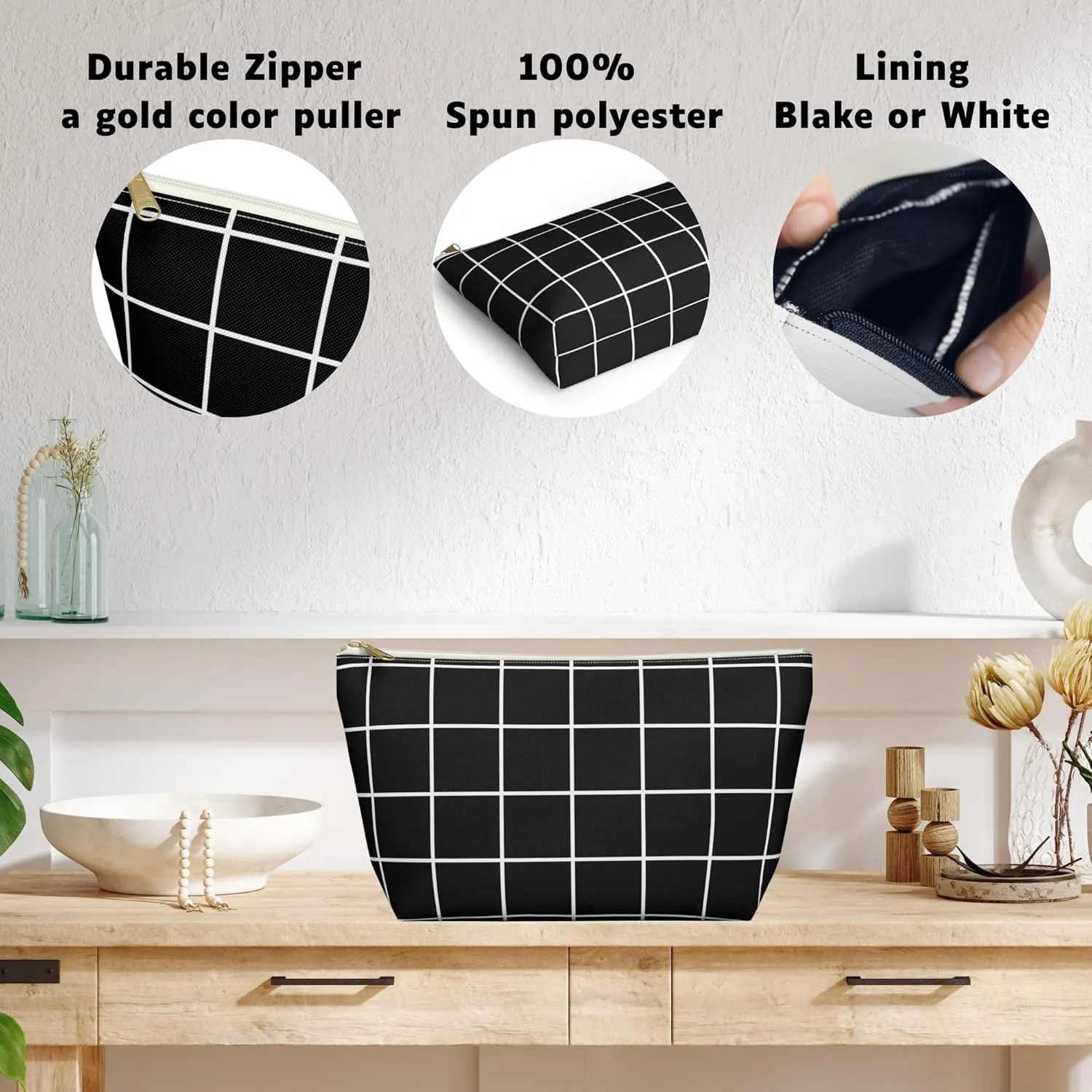 Black and White Checkered Accessory Pouch  Stylish Zippered Makeup Bag, Travel Cosmetic Bag, Pencil Case for Women & Men (Black Grid, Large)