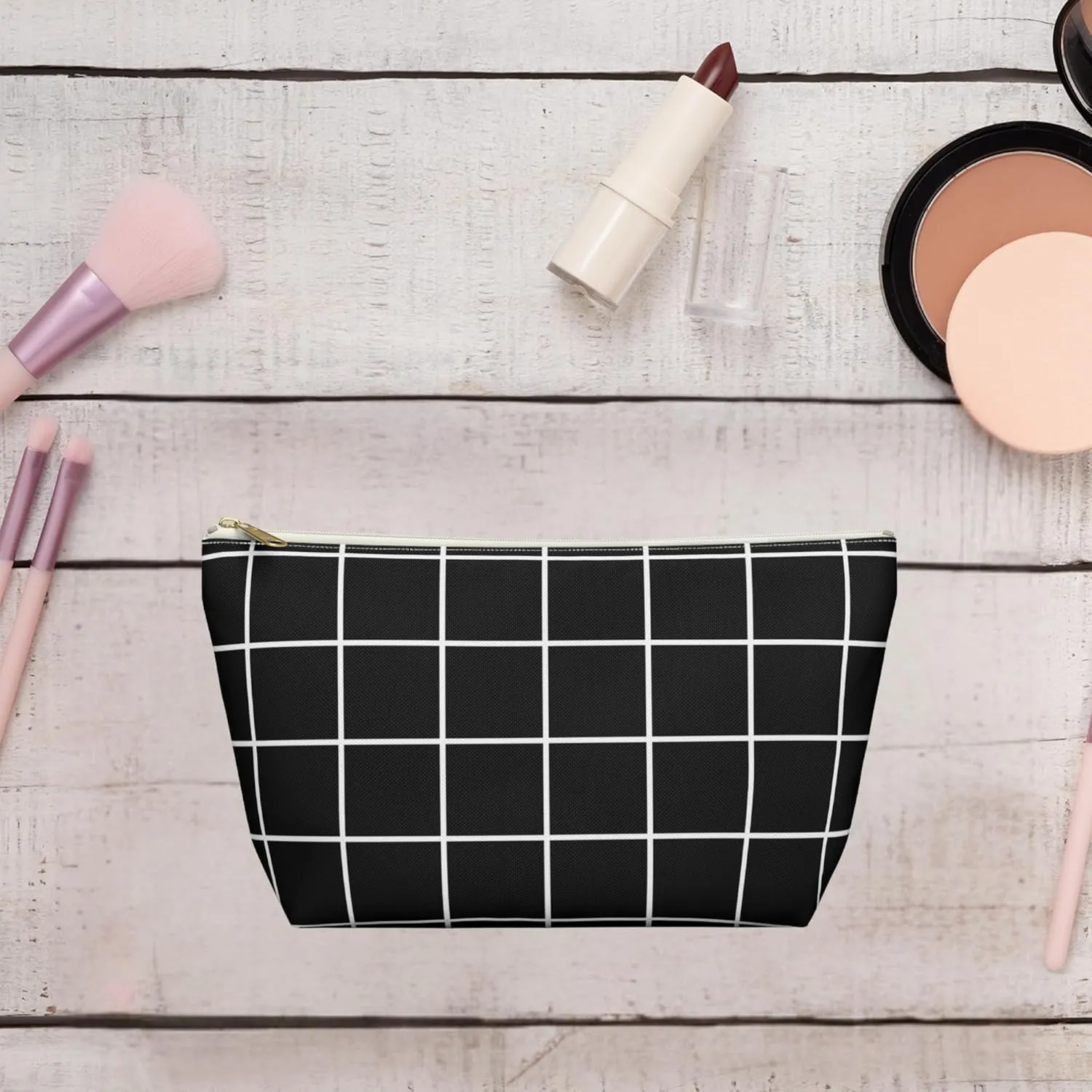 Black and White Checkered Accessory Pouch  Stylish Zippered Makeup Bag, Travel Cosmetic Bag, Pencil Case for Women & Men (Black Grid, Large)