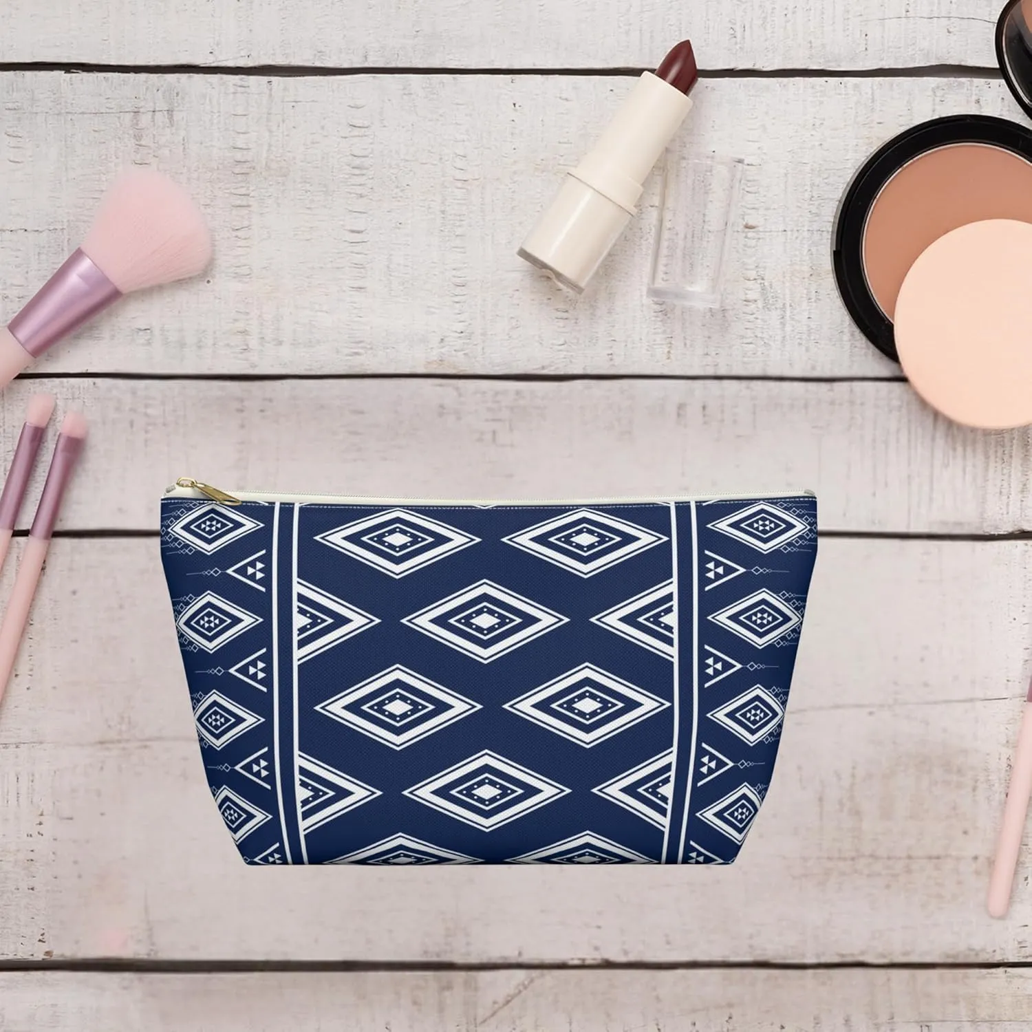 Black and White Checkered Accessory Pouch  Stylish Zippered Makeup Bag, Travel Cosmetic Bag, Pencil Case for Women & Men (Navy Diamond, Large)