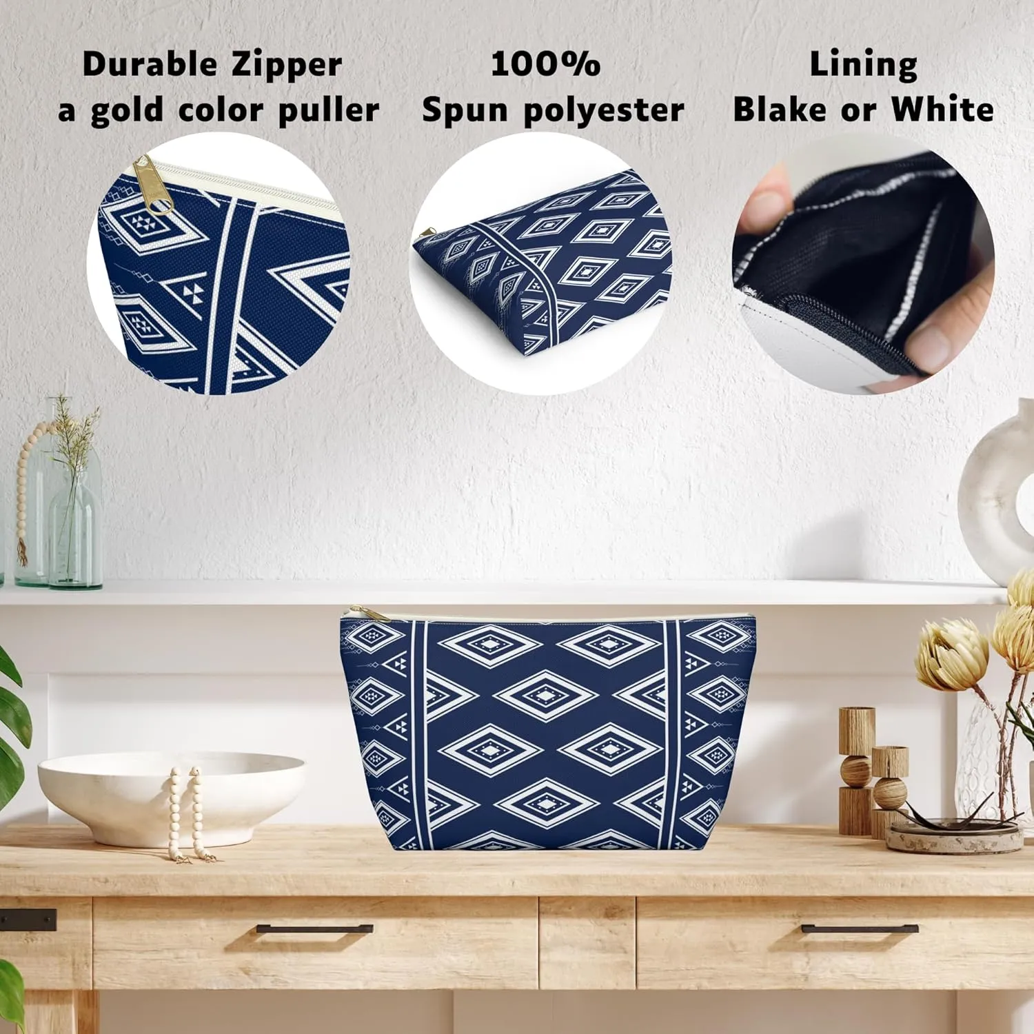 Black and White Checkered Accessory Pouch  Stylish Zippered Makeup Bag, Travel Cosmetic Bag, Pencil Case for Women & Men (Navy Diamond, Large)