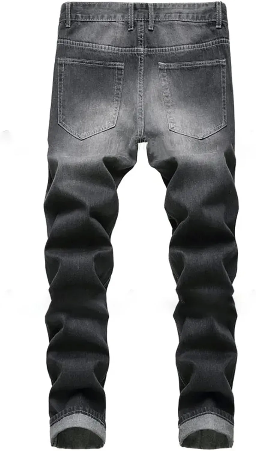 Black Jacket Jeans Two Piece Set for Men Casual Loose Denim Coat and Hole Ripped Pants