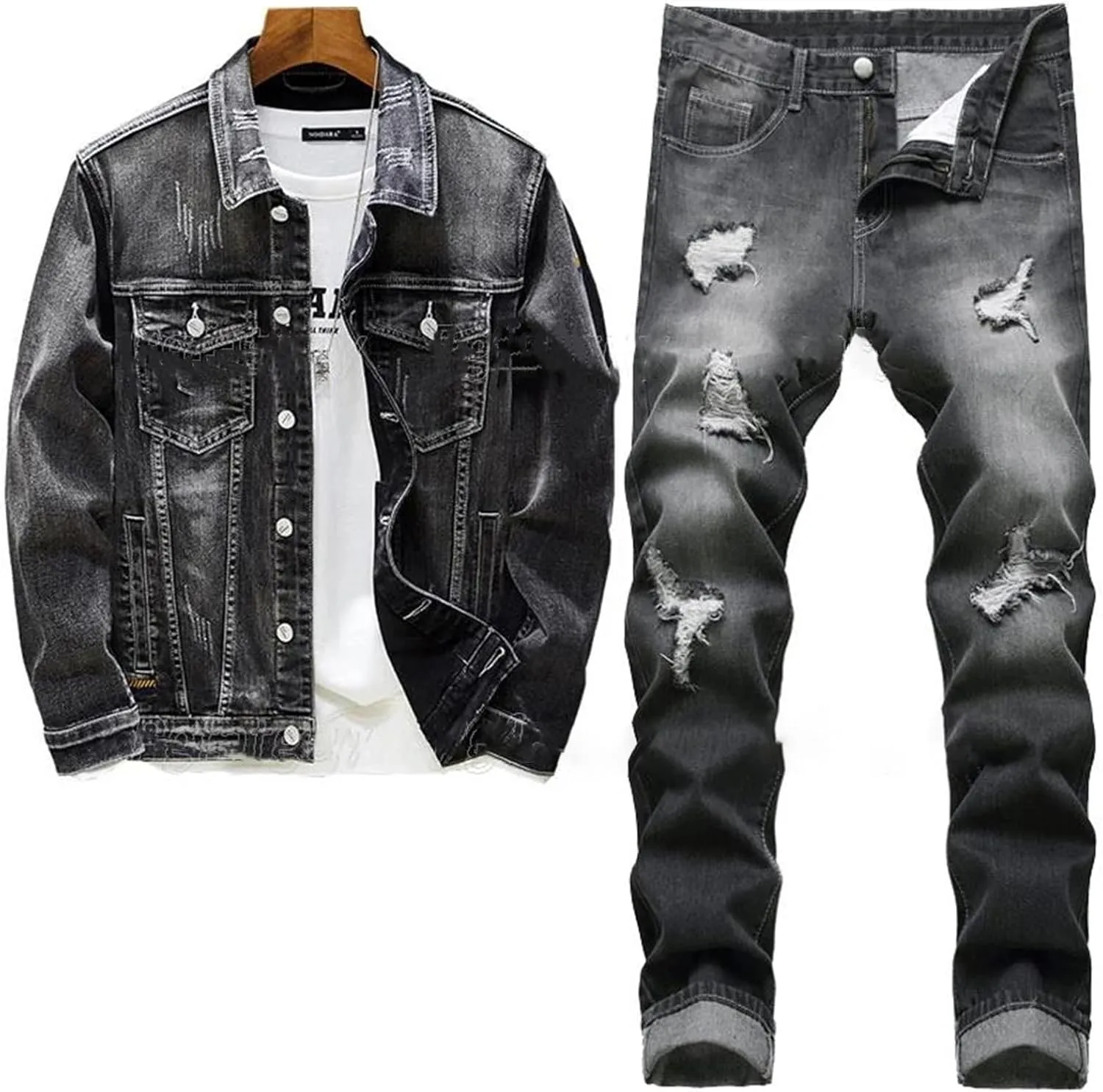 Black Jacket Jeans Two Piece Set for Men Casual Loose Denim Coat and Hole Ripped Pants