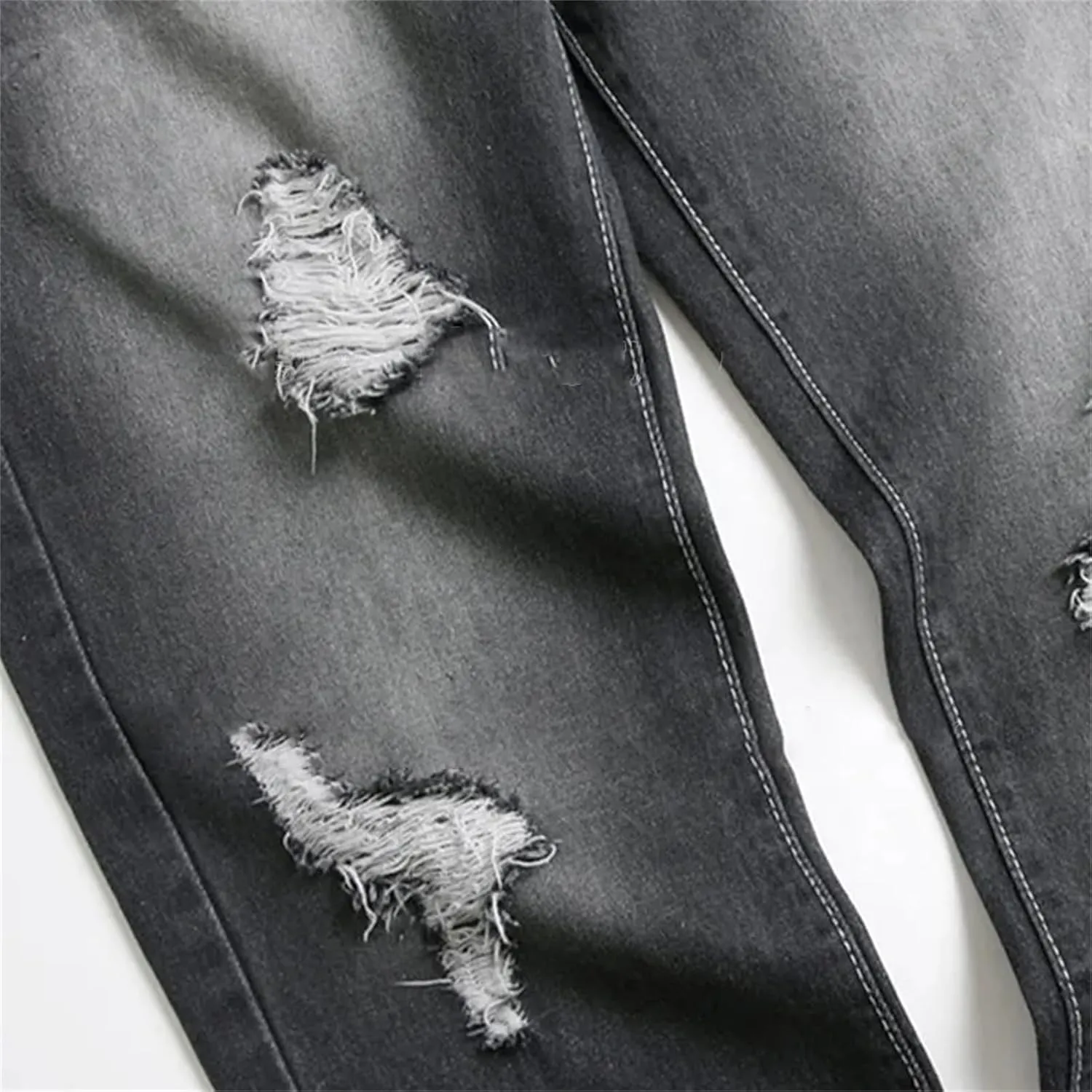 Black Jacket Jeans Two Piece Set for Men Casual Loose Denim Coat and Hole Ripped Pants