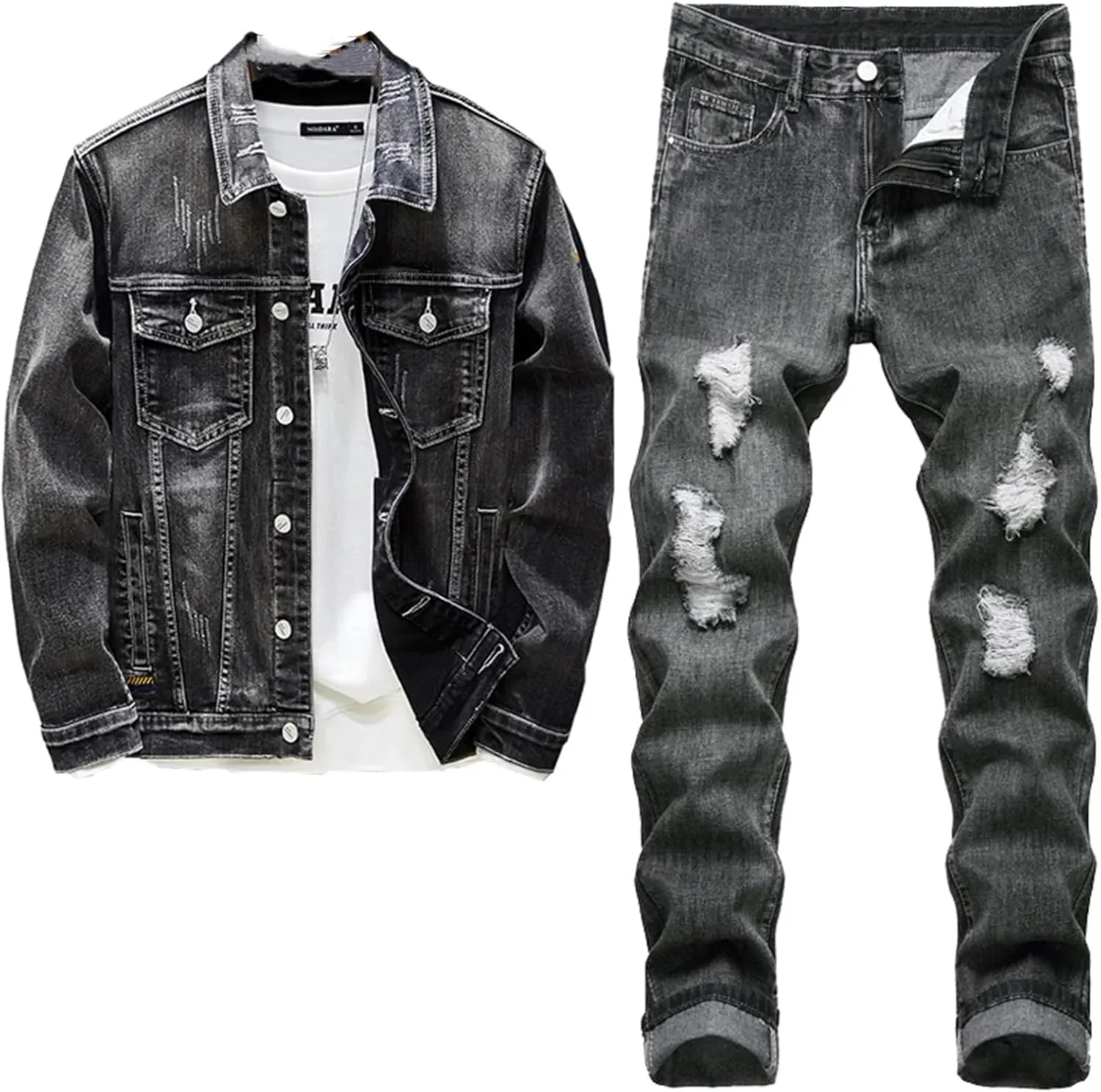 Black Jacket Jeans Two Piece Set for Men Casual Loose Denim Coat and Hole Ripped Pants