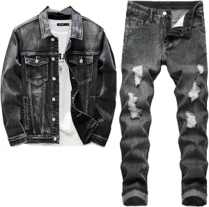 Black Jacket Jeans Two Piece Set for Men Casual Loose Denim Coat and Hole Ripped Pants