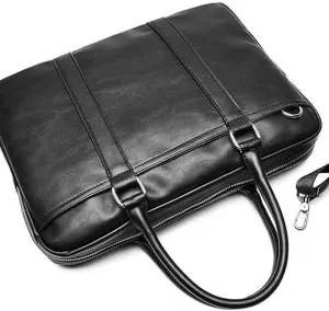 Black Leather Business Briefcase for Men, Foam Padded Laptop Messenger Bag, Shoulder Bag