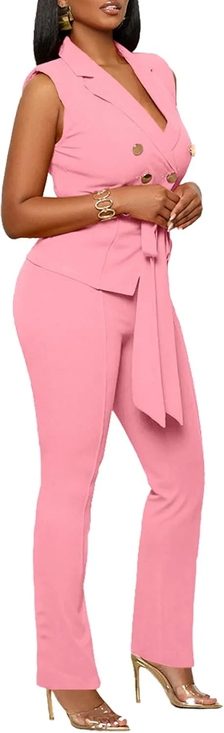 Blazer Pants Suits for Women Dressy Sleeveless Vest with Belt Wide Leg Pants 2 Piece Outfits Business Set Casual Suiting