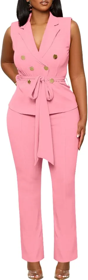 Blazer Pants Suits for Women Dressy Sleeveless Vest with Belt Wide Leg Pants 2 Piece Outfits Business Set Casual Suiting