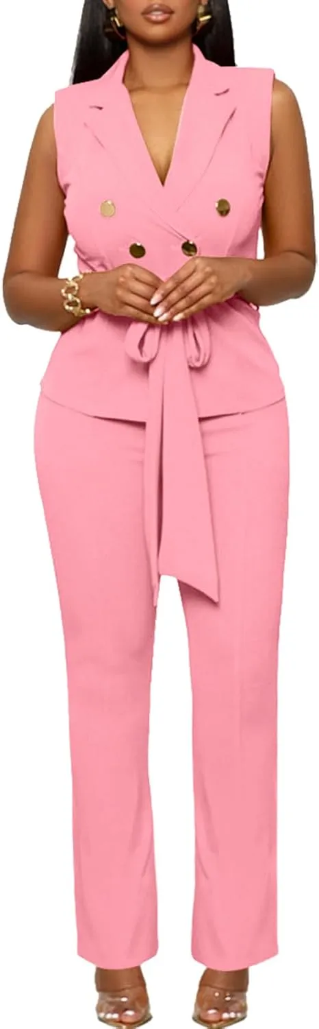 Blazer Pants Suits for Women Dressy Sleeveless Vest with Belt Wide Leg Pants 2 Piece Outfits Business Set Casual Suiting