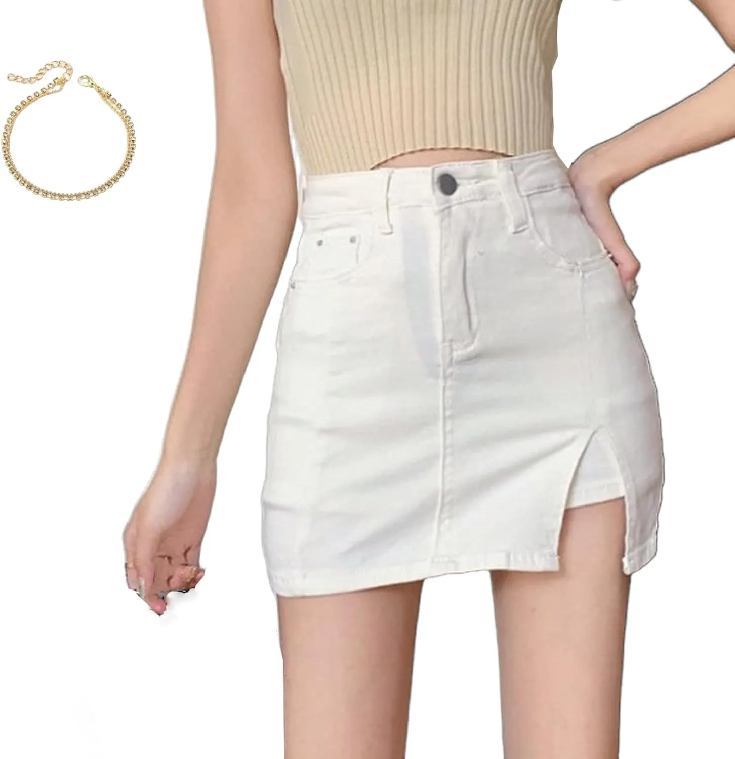 Bloomy Jean Skorts, Woman High Waisted Casual Denim Skirt Side Split Mini Skirts, Bloomy MiniSkorts