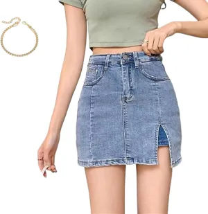 Bloomy Jean Skorts, Woman High Waisted Casual Denim Skirt Side Split Mini Skirts, Bloomy MiniSkorts