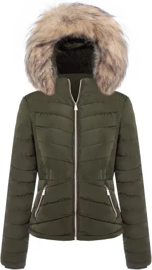 BodiLove Women's Everyday Warm Winter Quilted Puffer Short Coat High Collar Jacket with Removable Faux Fur Hood Zipper Vegan Leather Piping Water Resistant Wind Blocker Olive M
