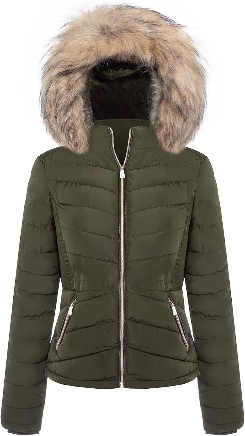 BodiLove Women's Everyday Warm Winter Quilted Puffer Short Coat High Collar Jacket with Removable Faux Fur Hood Zipper Vegan Leather Piping Water Resistant Wind Blocker Olive M