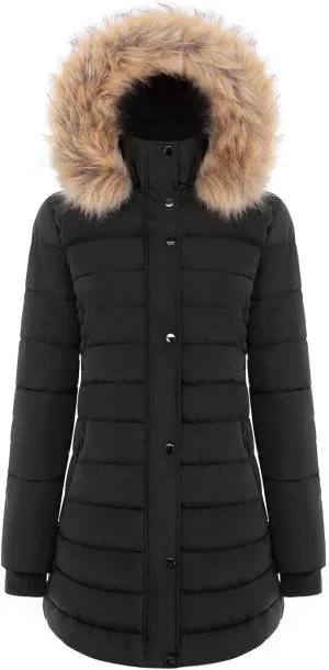 BodiLove Women's Winter Quilted Puffer Long Coat Jacket Plus Size with Removable Faux Fur Hood and Zipper